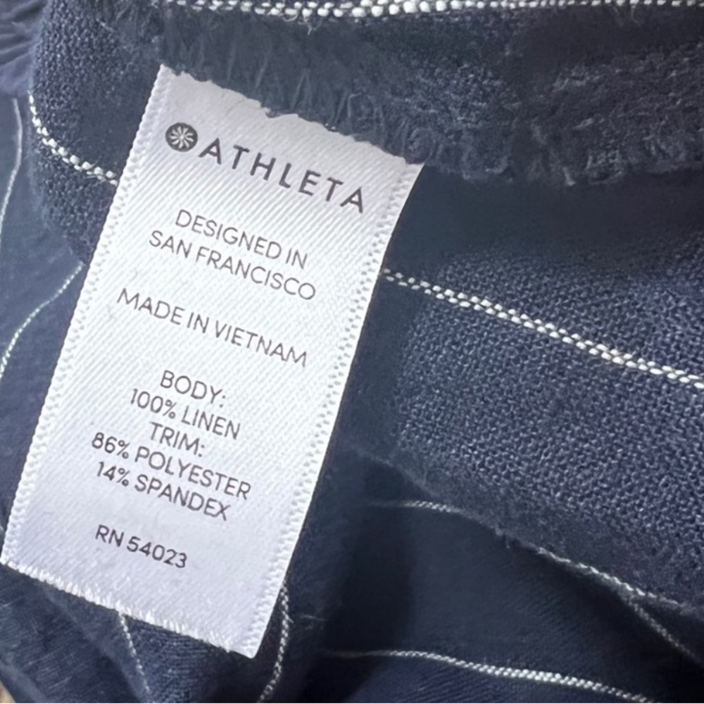 Athleta Bali Navy Blue Striped Linen Cropped Drawstring Wideleg Pants - Size 0 - Picture 6 of 7